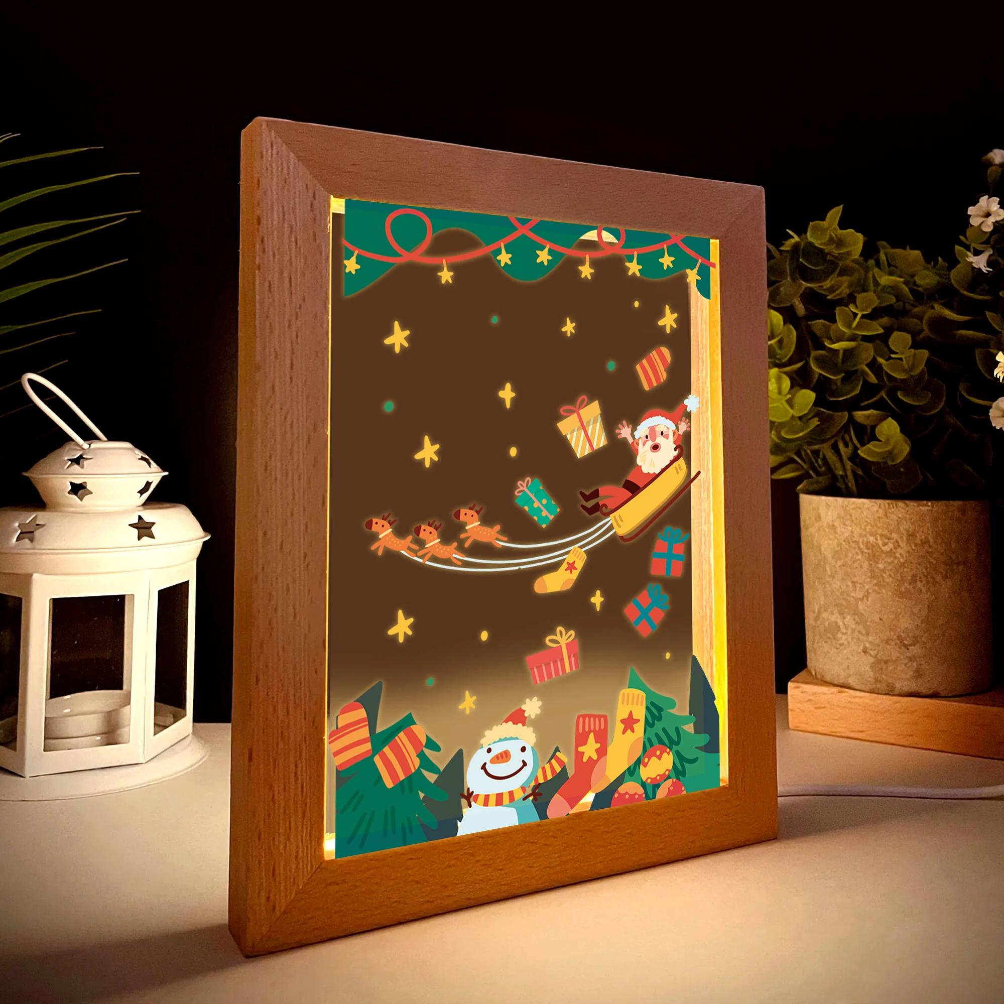 2D شقة سانتا مزلقة LED الاكريليك ليلة ضوء الخشب إطار صور 21x17 سنتيمتر الكرتون الأطفال عيد الميلاد غرفة نوم هدايا ديكور المنزل #2