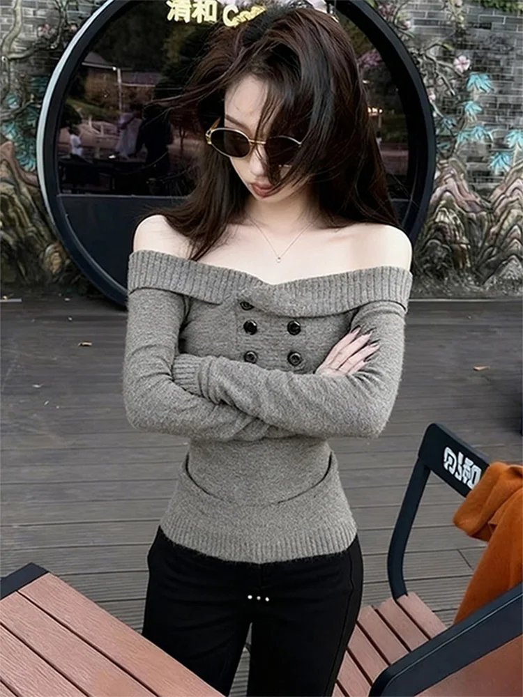 

Женский вязаный свитер на одно плечо: модный дизайн, мягкий, элегантный базовый слой, с открытым плечом, длинный рукав, осень-зима