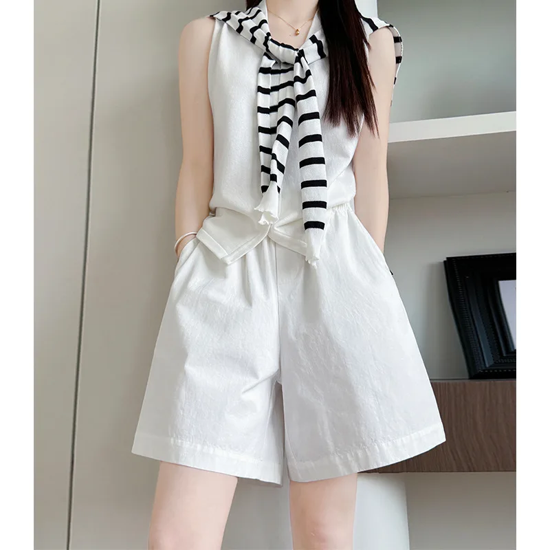 

Спортивные шорты из стираного хлопка для женщин, летние тонкие свободные утягивающие повседневные шорты-карго с широкими штанинами и высокой талией