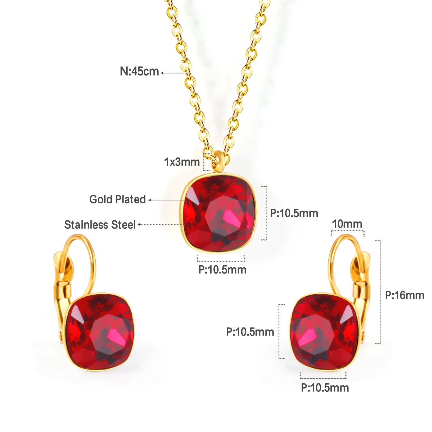 Square Zircon Necklace & Earring Set, Minimalist Elegant Jewelry