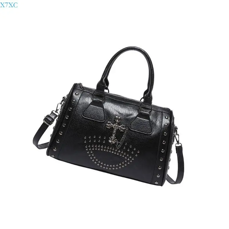 

X7XC Punk Skull Handbag Large Capacity Studded Doctor Bag with Adjustable Strap Large Capacity Shoulder Bag for Women