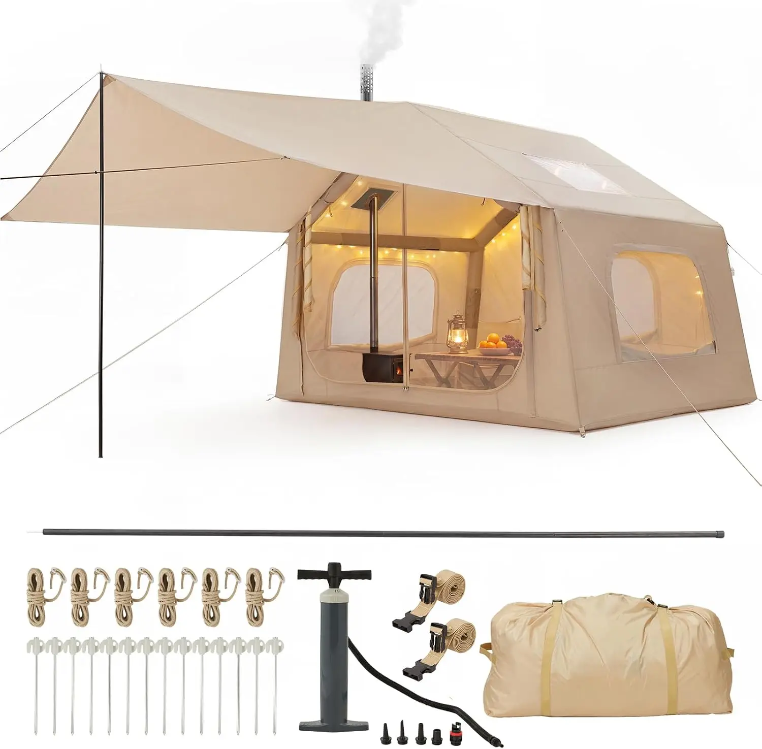 Image of Aufblasbares Zelt mit Sonnendach, Campingzelt für 4-8 Personen, geräumiges Familienzelt mit schnellem Aufbau für Outdoor, Camping, Festival, Beige