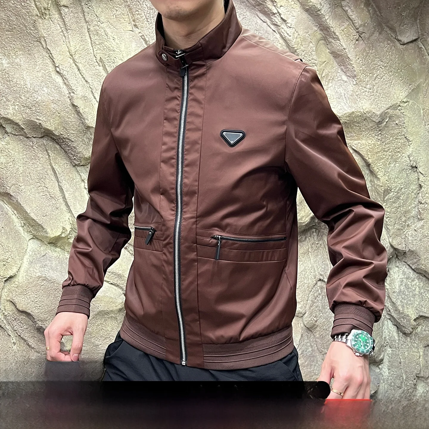 

Italian Sle Memory Waterproof Fabric Busin Outdoor Jaet Men's Stand Fit Long Sve Zipper Closure Nylon Spandex