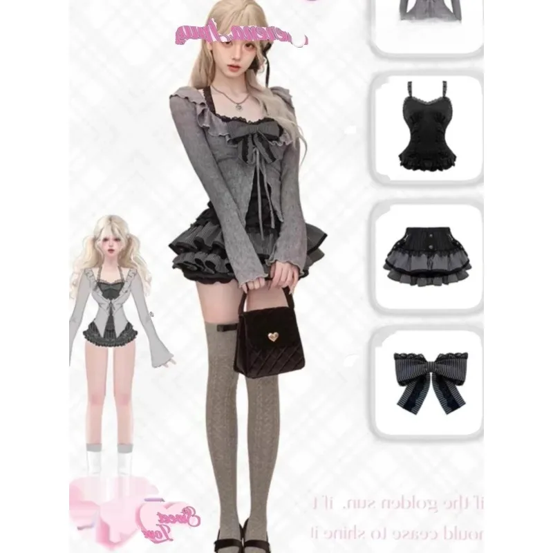 

Милые и милые женские комплекты из трех предметов, кружевной жилет на бретельках с рюшами по краям, серый тонкий кардиган, юбка-тортик, весенне-осенний повседневный костюм