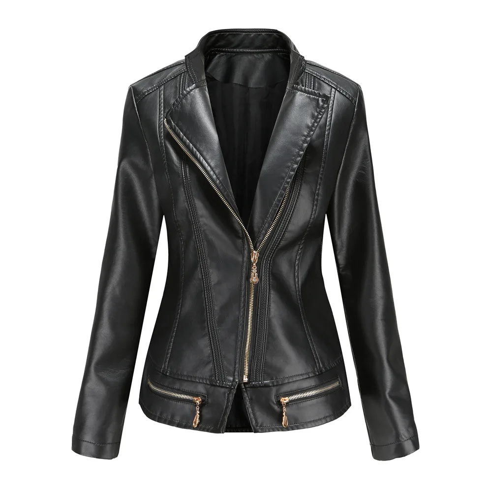 Women\'s Fashion PU Zipper Leather Coat Thin Spring and Autumn Small Coat Women\'s Leather Jacket  Casual ClothingMotorcycle outdo