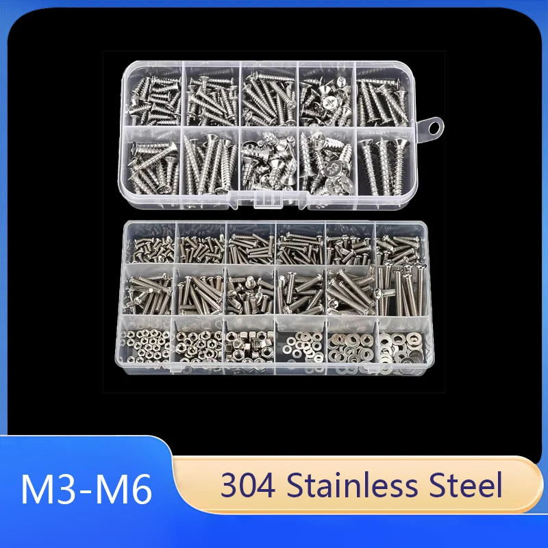 

304 Stainless Steel Countersunk/Round Head Screw Set M3 M4 M5 M6 Phillips Head Maintenance Screw Setwith Nut And Washer