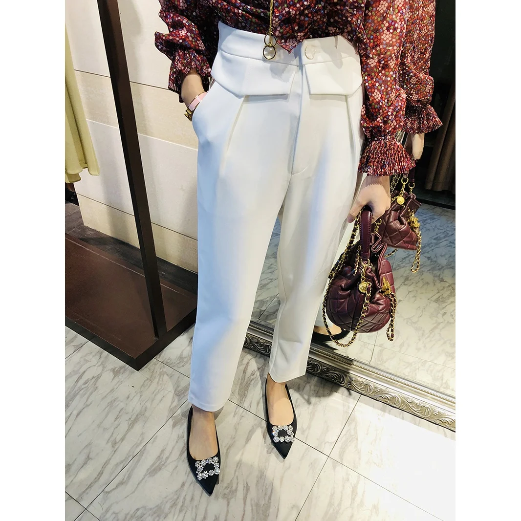 

Elegant High Waist White British Style Suit Pants Simple Design Slimming Effect Eye-Catching for Women Straight Leg Trousers
