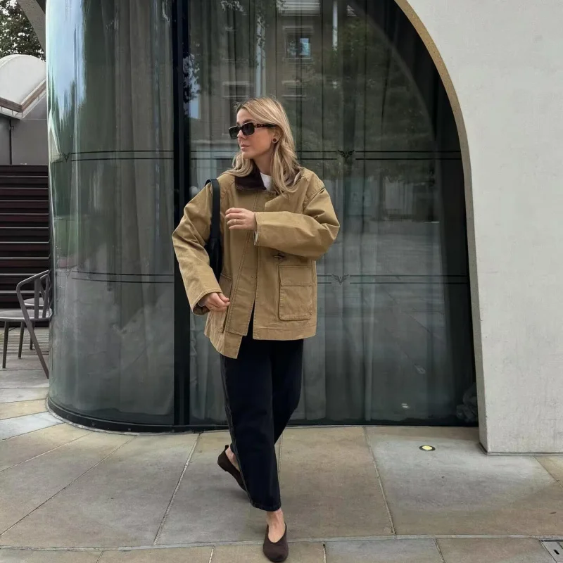 

2025 осенняя новая женская модная повседневная свободная утягивающая хлопковая куртка с отложным воротником, пальто