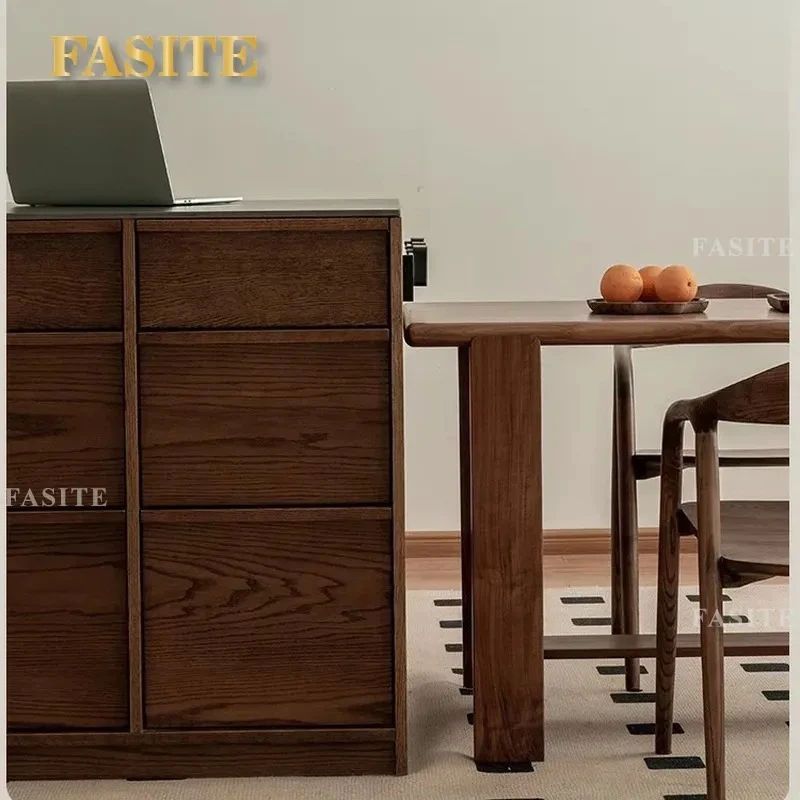 Black Walnut Solid Wood Dining Table with Integrated Cherry Wood Sideboard Cabinet Modern Minimalist Kitchen Storage