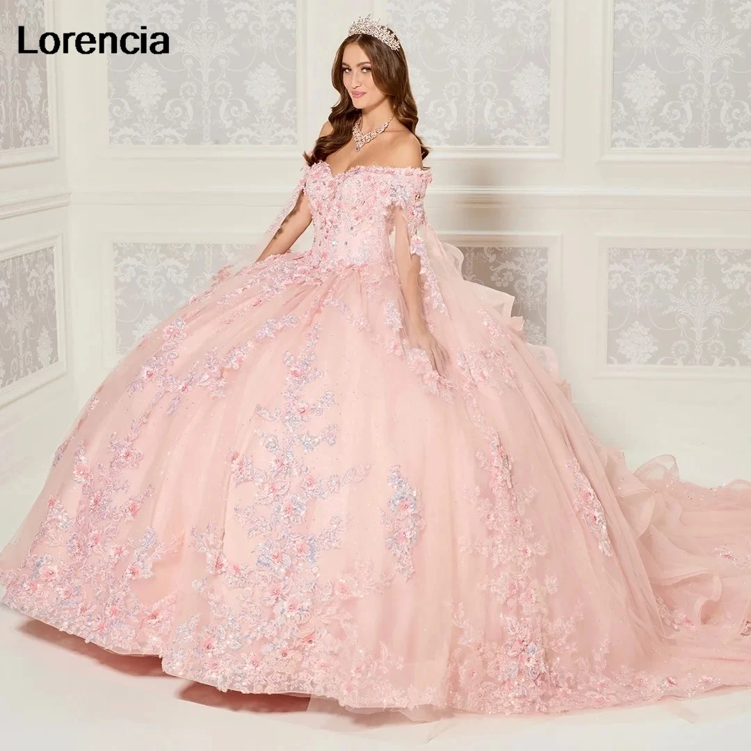 Sukienka na Quinceanera suknia balowa Lorencia Lavander aplikacja 3D kwiat z paskiem wysadzanym kryształkami z peleryną słodka 16 Vestidos De 15 Años YQD744