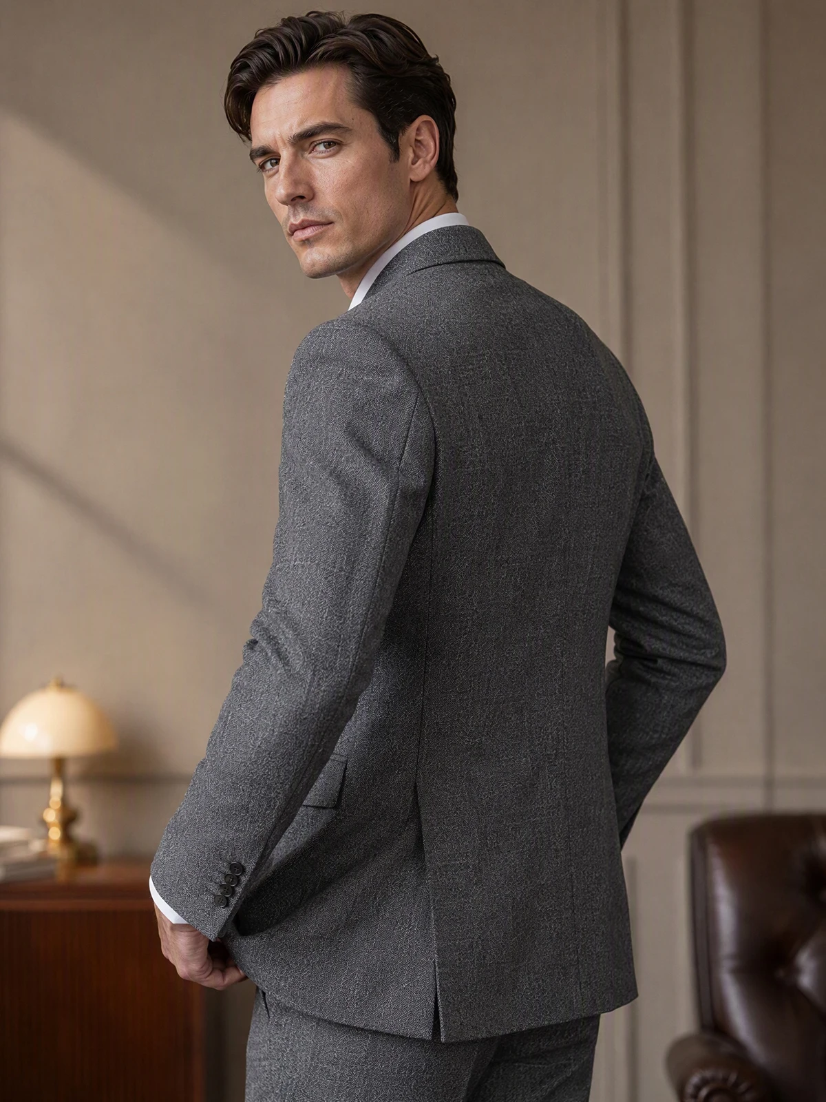 Fashion Textured Men Formal 2 Piece Suit Grey Asymmetric Button Blazer Pants Slim Fit Banquet Wedding Costume