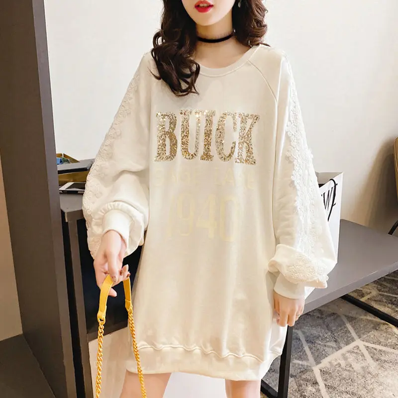 Lazy Style Print Letter Casual Hoodies Sweatshirts Spring Autumn New Loose Lace Patchwork Korean Pullovers Fashion Women Clothes