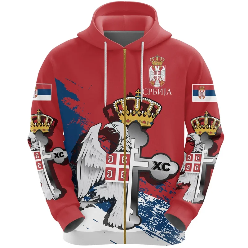 3D Printed Serbia Flag Zipper Pullovers For Men Serbian National Emblem Pattern Sweatshirts Fashion Casual Street Tops Hoodies