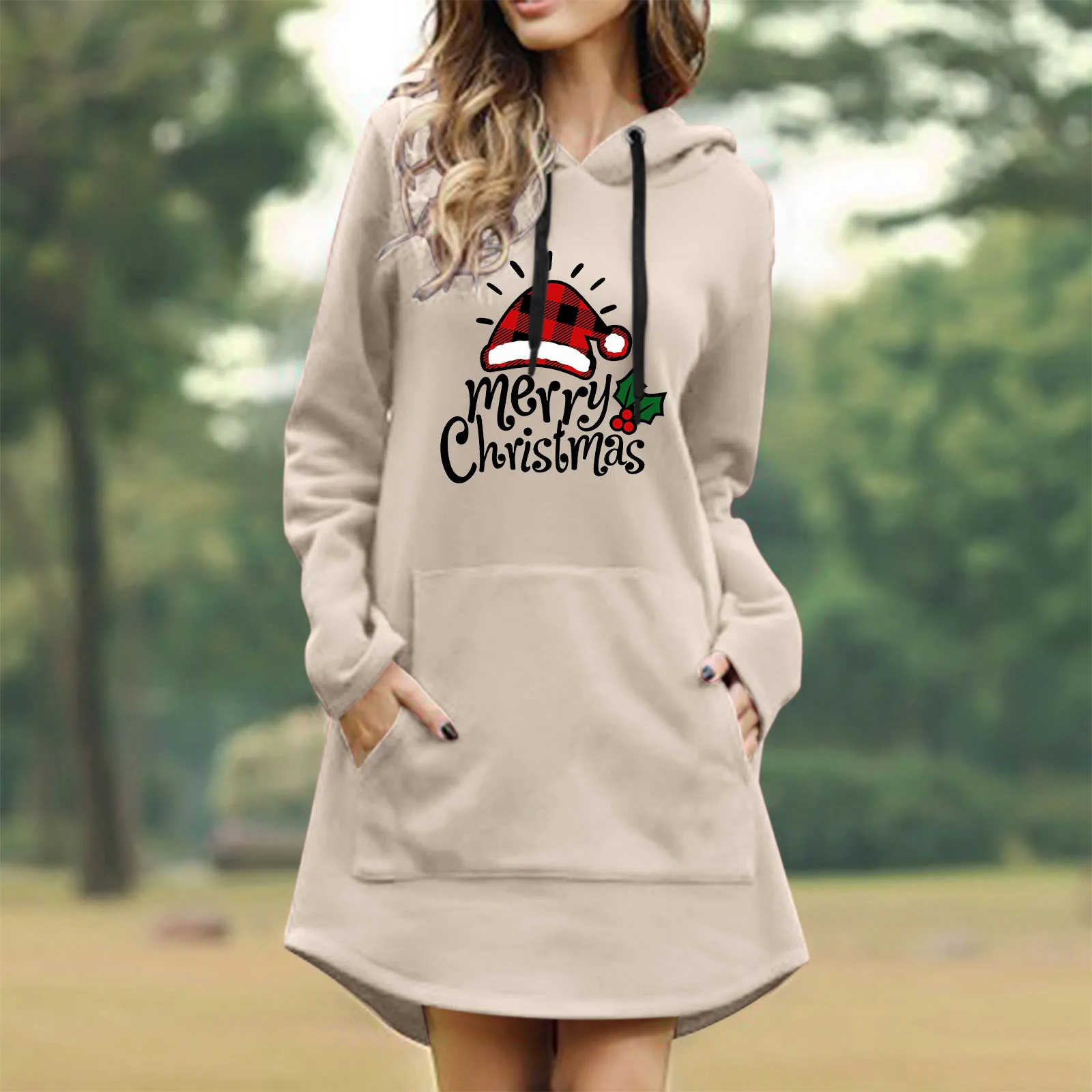 

folk European Style Running Korean style aesthetic Ladies Drawstring Christmas Print Top Hooded Pocket Long