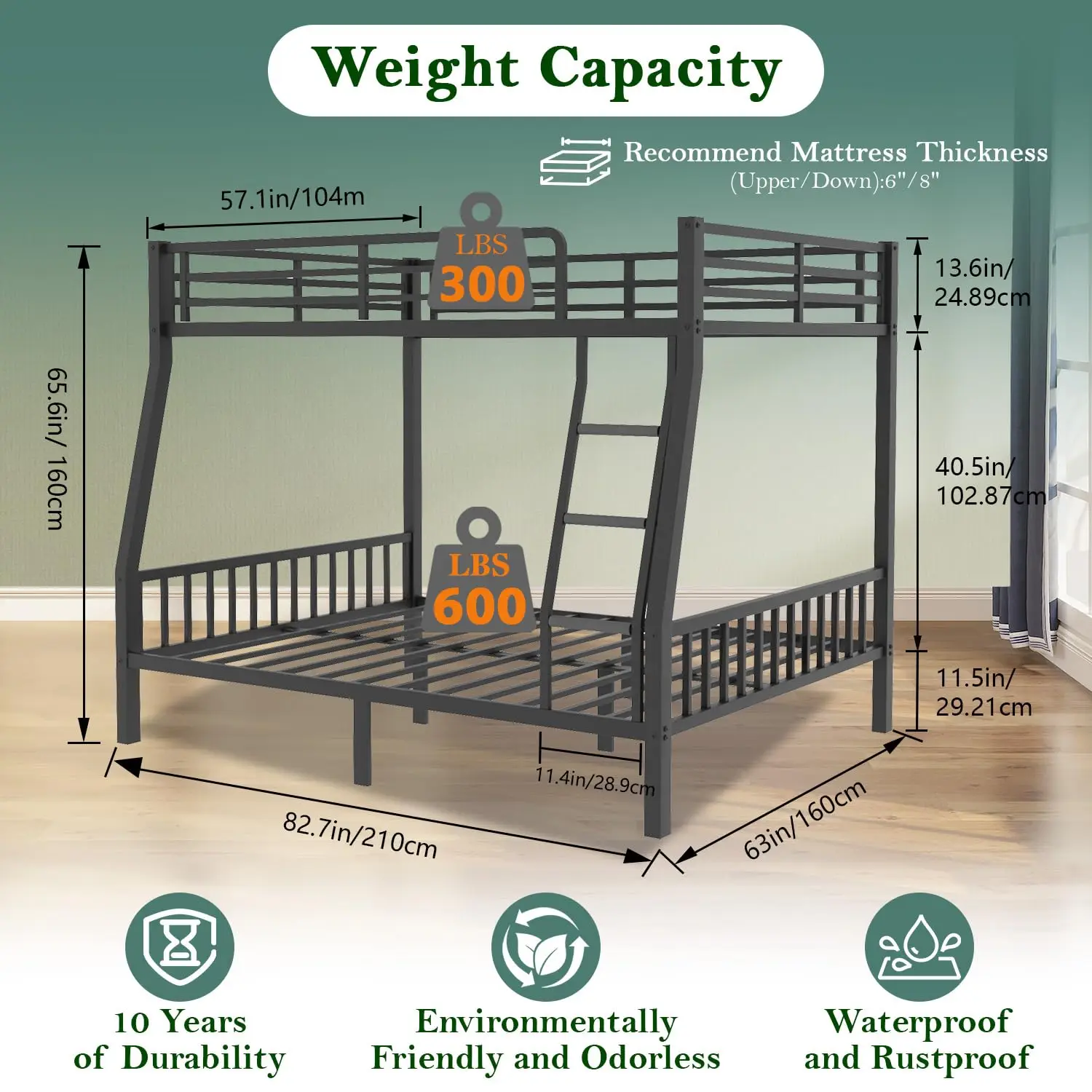 Full XL Over Queen Metal Bunk Bed with Guardrail for Adults Teens Dorm Guest Room, Customized
