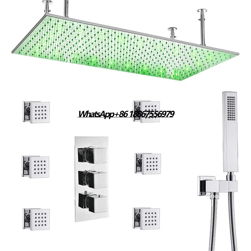 

Chrome Thermostatic Faucets Large 15.7x31.5 Inch Brass Shower Head LED Rainfall Shower System Jet Spray Bathroom Shower Set
