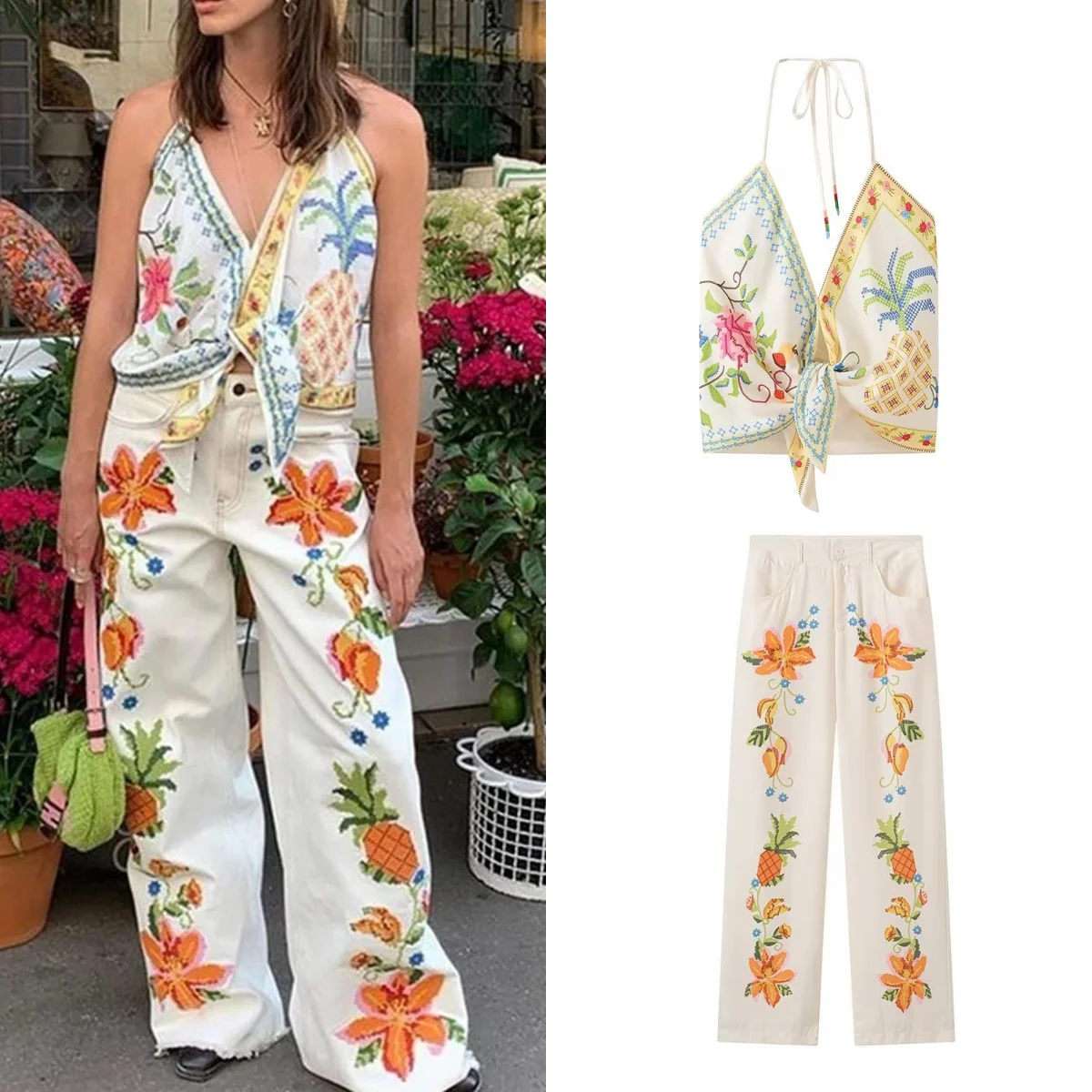 

TRAF Women's Printed Sleeveless Halter Short Top Wide Leg Pants Two-piece Set Fashion Straight Pants Casual Pants Set 2024Summer