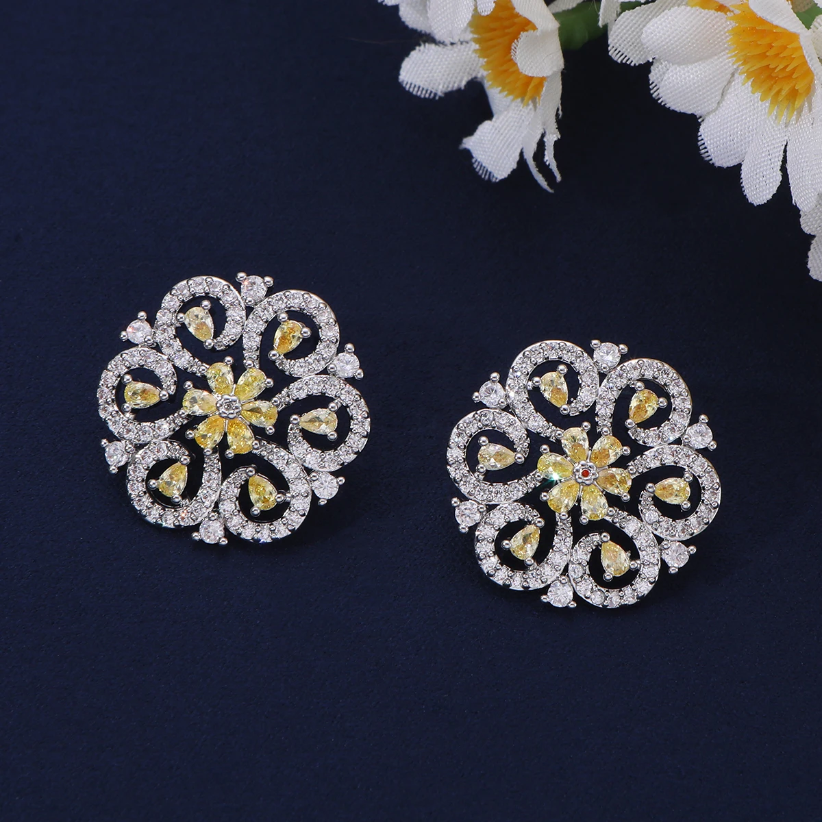 Round Swirl Floral Clear Crystal Stud Earrings, Multi-Cut Teardrop Flower Statement Earrings For Daily Evening Party