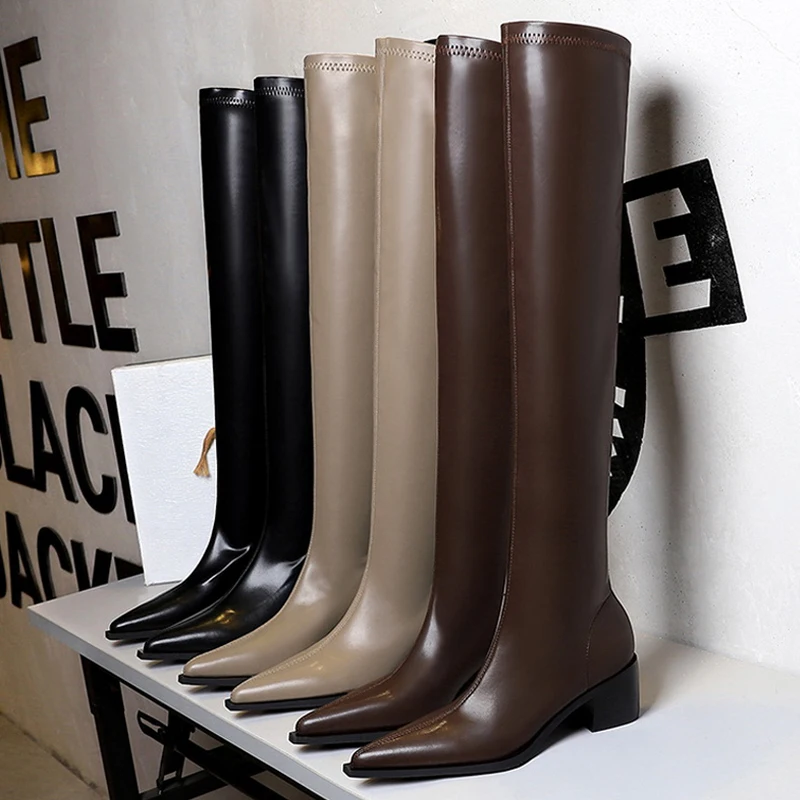 BIGTREE New Leather Boots Sexy Over The Knee Boots Thick Heel Long Boots Women Shoes Pointed Toe High Boots Autumn Winter Shoes