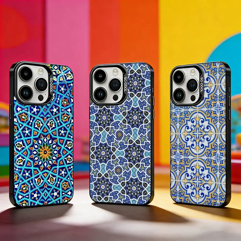 

Art Tile Moroccan pattern Phone Case For iPhone 17,16,15,14,13,12,11 Plus,Pro Max,XS,Colored silver phone case