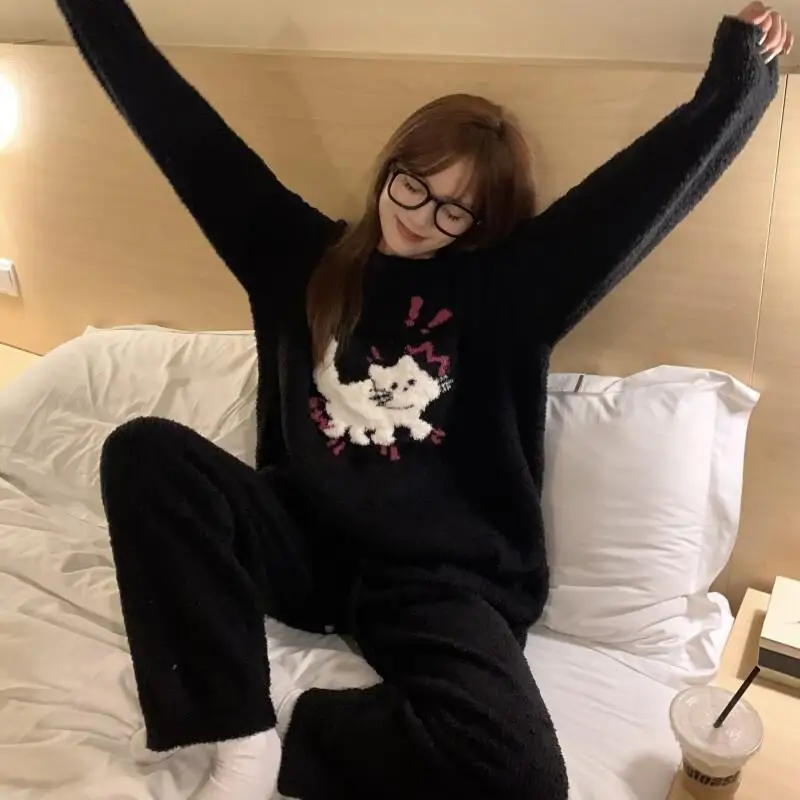 

Pajama Set Thickened Half Fleece Pajama Women Winter Long Sleeve Coral Fleece Can Wear Outerwear Home Clothes Fashion Homewear