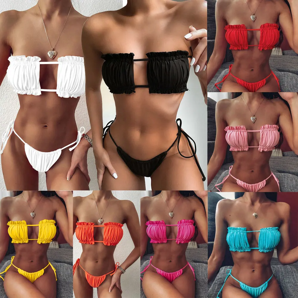 

Summer Women Push Up Bikinis Set Solid Color Strapless Ruffles Bathing Suits For Women Bandage Padded Beach Swimwear Lady