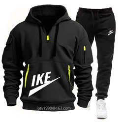 2024 Spring and autumn men's new multi-pocket zipper hoodie + casual sports pants two-piece jogging winter sports suit