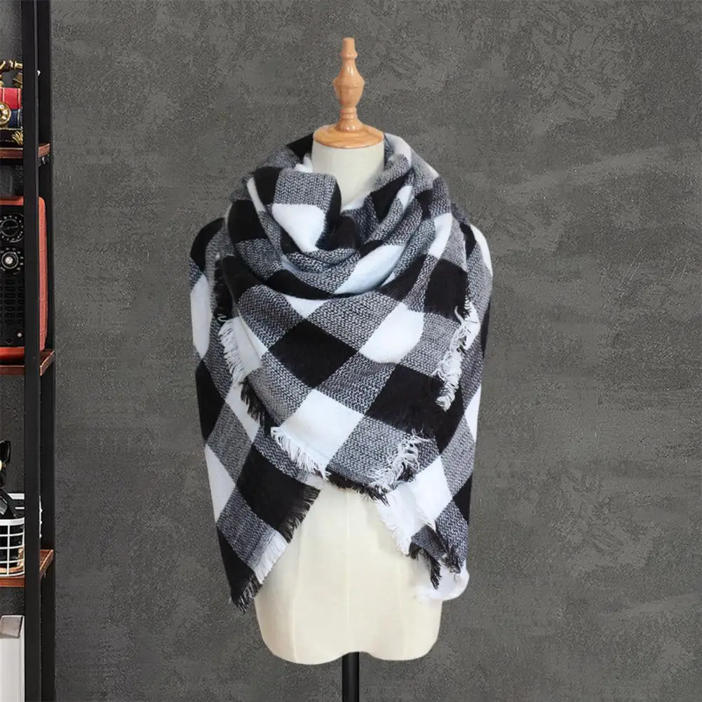 

Women Plaid Scarf Color Block Knitted Winter Scarf Thick Warm Soft Windproof Neck Fringe Wide And Long Lady Shawl