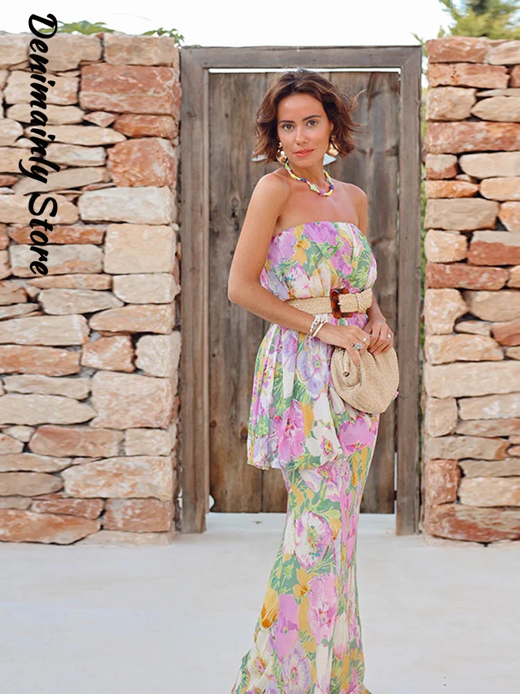 

Elegant Printe Strapless Long Dress Women Sleeveless Flower Bud Backless Floor Length Dresses 2025Summer Lady Holiday Party Robe
