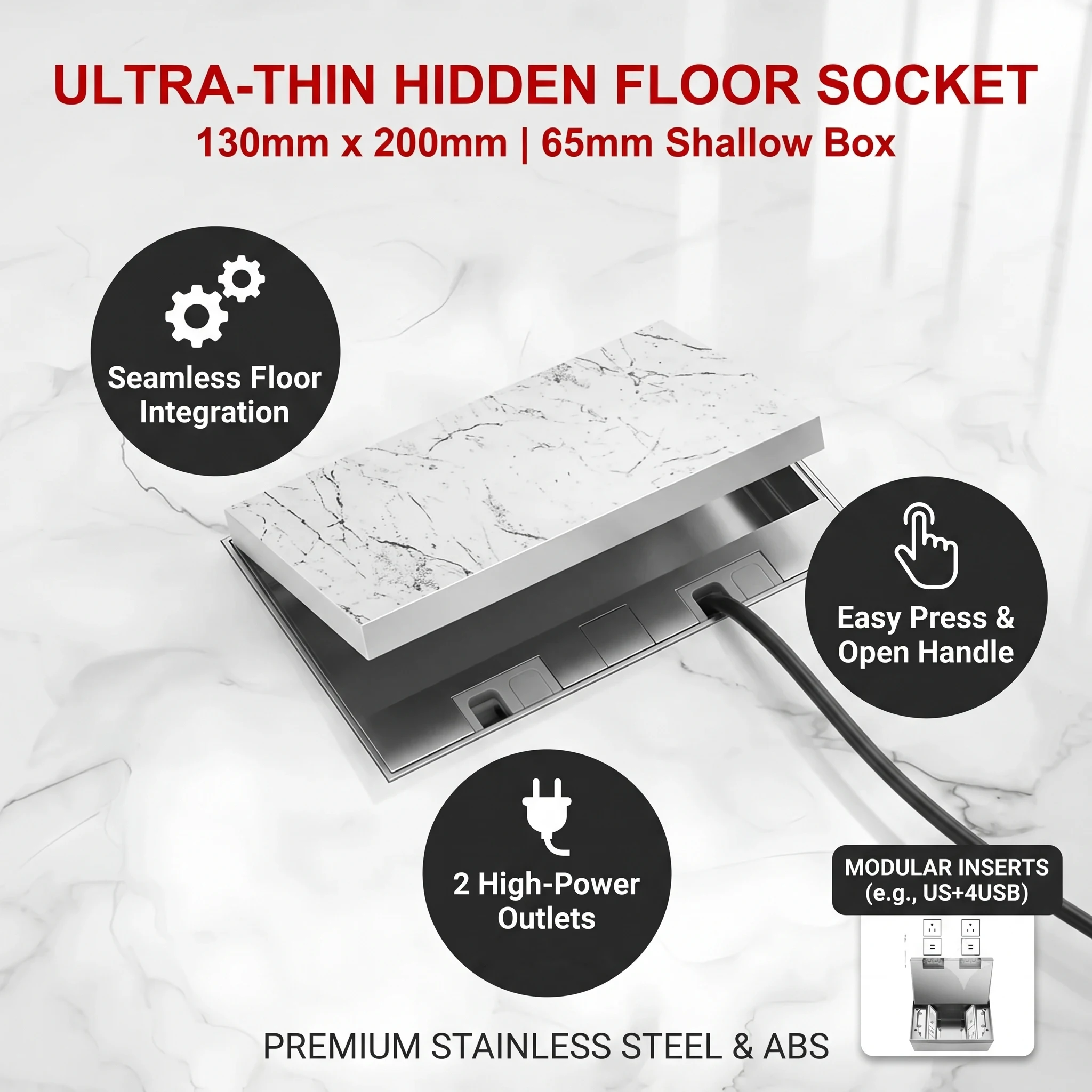 

Hidden Inlaid Floor Socket 130x200mm Ultra Thin Embedded Pop Up Electrical Outlet Box with Multiple USB EU US AC Plug