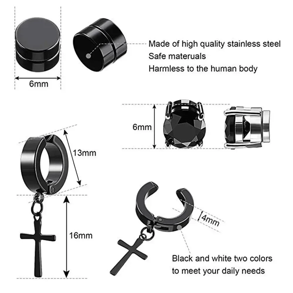 2pcs Men Stainless Steel Non-Piercing Magnetic Stud Earrings Cross Dangle Hoop Unisex CZ Magnet Clip on Earring Jewelry Gift