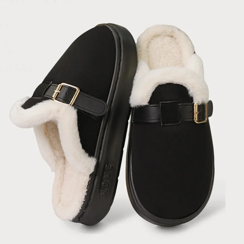Winter-Plüsch-Pantoffeln für Damen mit Schnalle, Dicker Plüsch, Warme Flauschige Hausschuhe, Rutschfeste Baumwollschuhe für Draußen – Detail 6