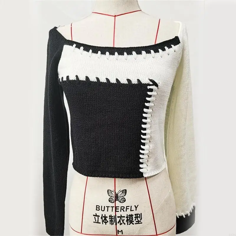 

Women Pullover Sweater Knit Black White Colorblock Irregular Cropped Jumpers Top 6XDA