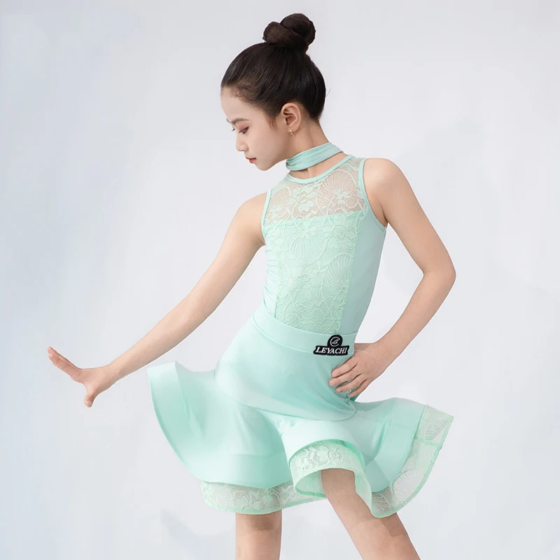 

Summer Green Latin Dance Suit Children Latin Performance Clothes Sleeveless Leotard Flounce Skirt Dancer Training Wear AMY3469