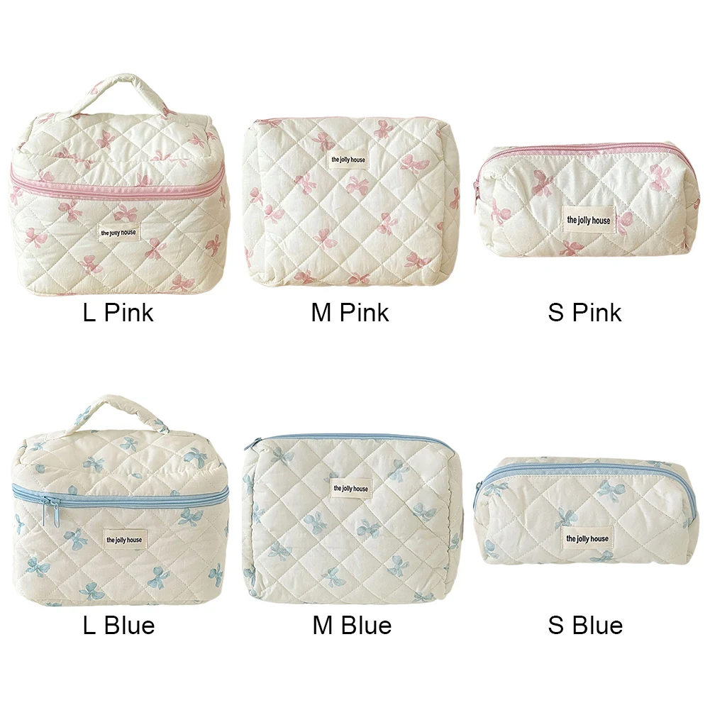 Cute Bow Flower Quilting Cotton Makeup Bag Women Zipper Cosmetic Organizer Female Cloth Handbag Portable Toiletry Case for Girls