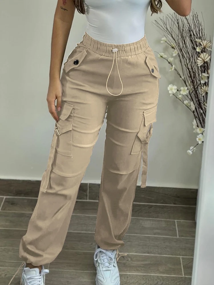 Women's Cargo Pants 2024 Spring Fashion Street Pocket Design Drawstring Cuffed Pants Ladies Daily Casual Plain Long Trousers