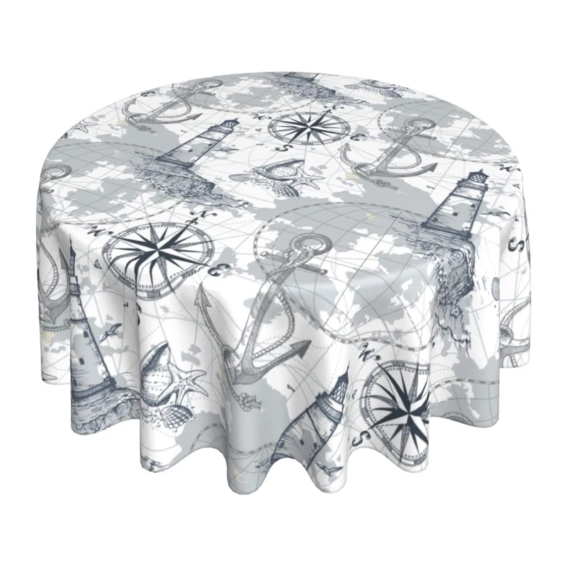 Submarine World Lighthouse Anchor Compass Washable Polyester Table Cloth Decorative Table Cover Waterproof Round Tablecloth 60''