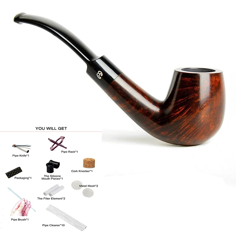 Classical Handmade Pipes Briar Wood Bent Smoking Tobacco Pipe 9mm Filter 10 Cleaning Free Tools Accessories Gift For Father