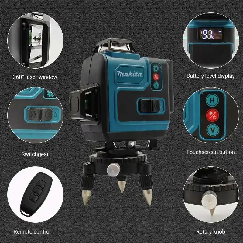 Makita Green Laser Level: 4×360° Lines, 5000mAh Battery, Self-Leveling & Manual Modes, 8H Runtime for Construction & Layout Work