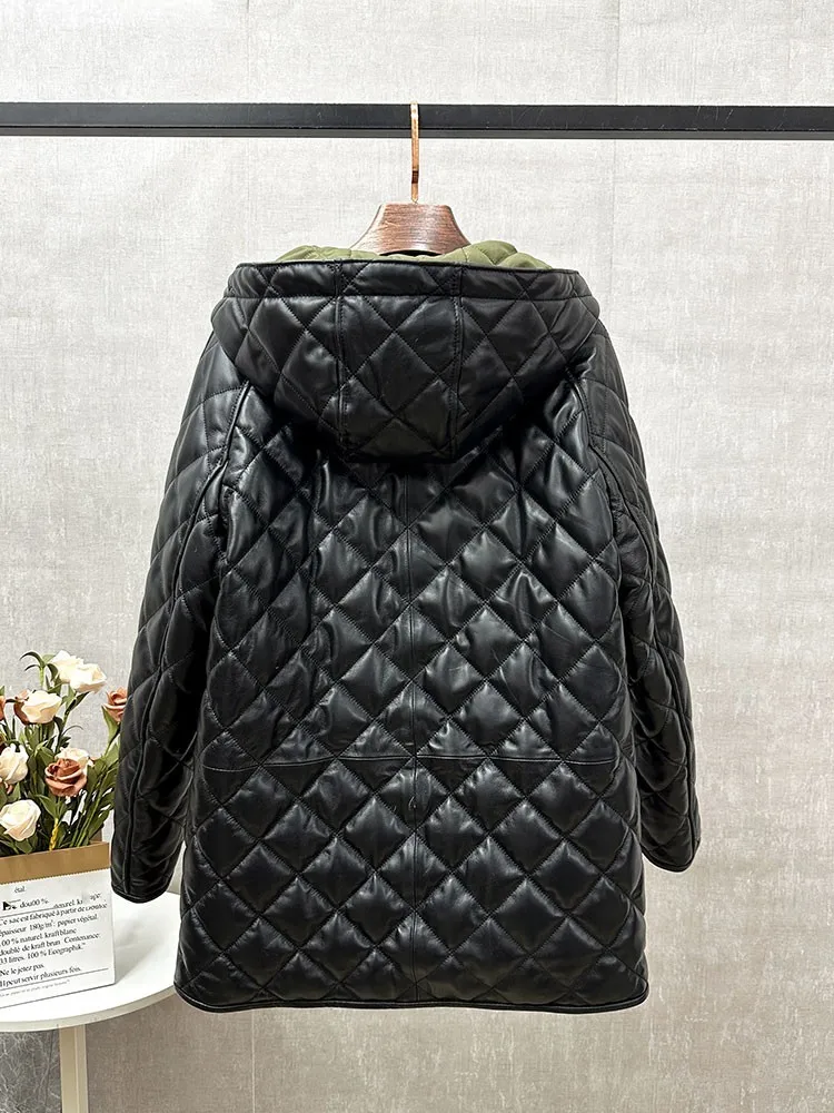 Echtes Leder Damen Herbst Winter Jacken Mit Kapuze Reversible Mittlere Lange Gepolsterte Mäntel Natürliche Schaffell Warme Mode Oberbekleidung