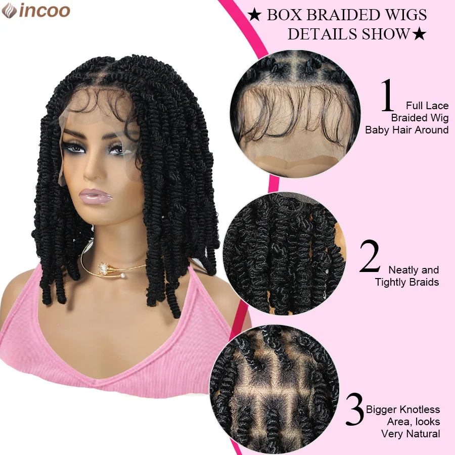 Kurze Frühling Twist Zöpfe Perücke Synthetische Volle Spitze Vorne Leidenschaft Twists Perücken Lockige Enden Knotenlose Box Twist Flechten Perücke Für Frauen