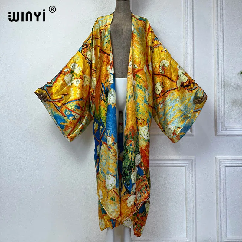 new WINYI Summer print beach cover up Swim Suit elegant Africa women boho Cardigan sexy Holiday long Sleeve Kimono fashion abaya