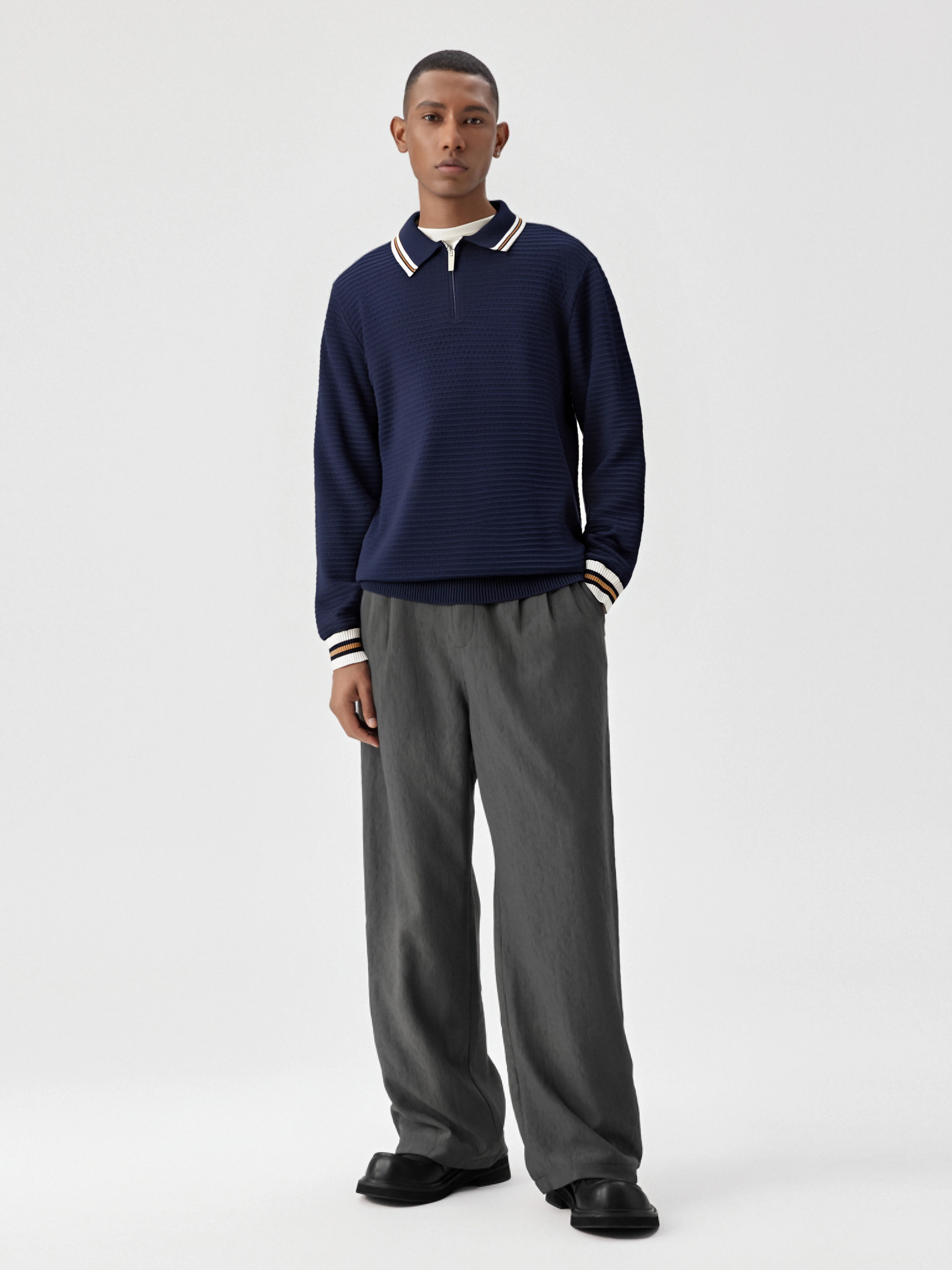 

Vintage Old Money Fried Dough Twists Knitted Half Zip Polo Shirt High Grade Simple Stripe Knit Shirt/3325