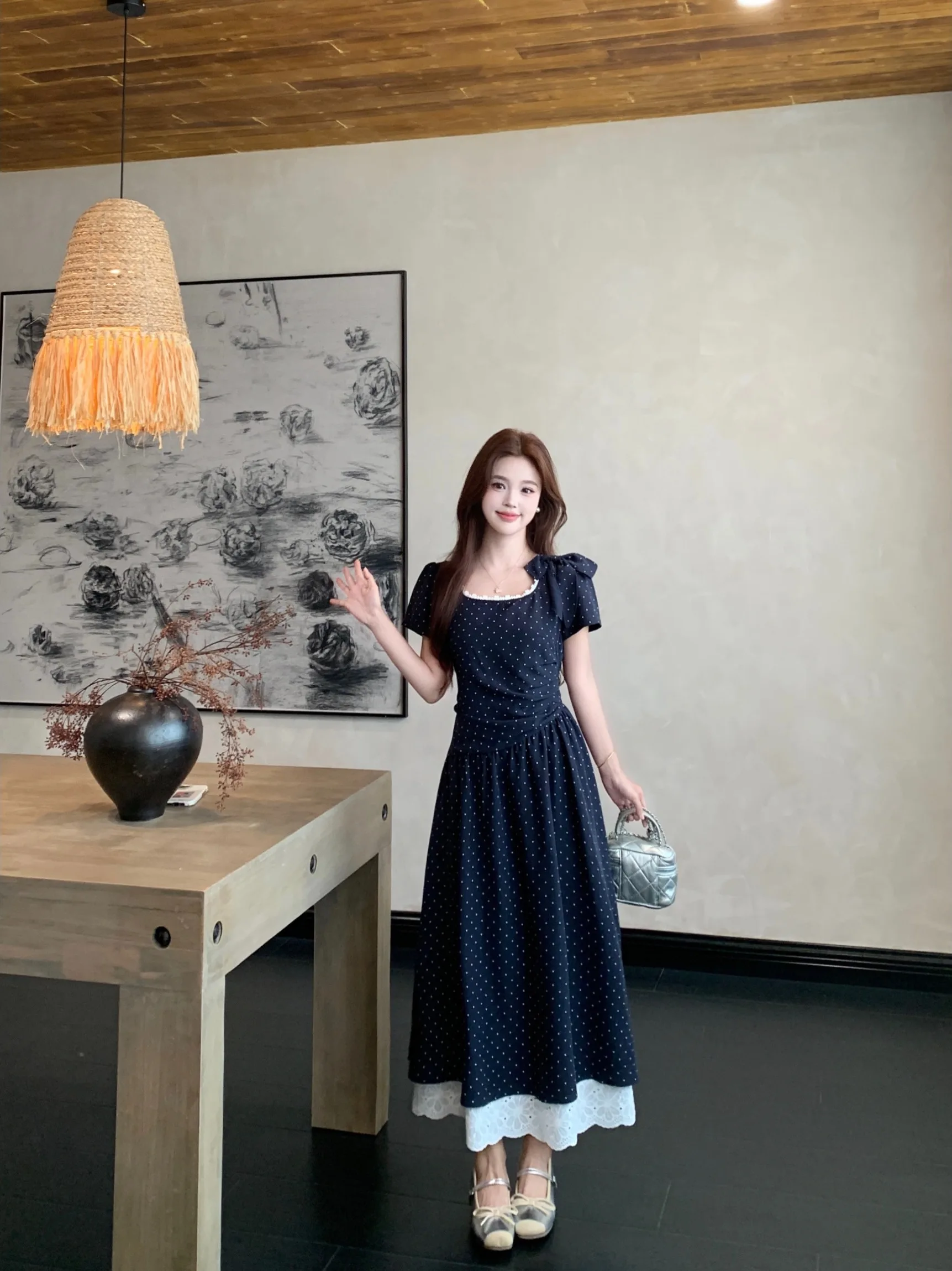 

Unique Blue Polka Dot plus Size Dress Elegant Long Waist-Cut French Style Summer 2026 Breathable A-Line Skirt Short Sleeve
