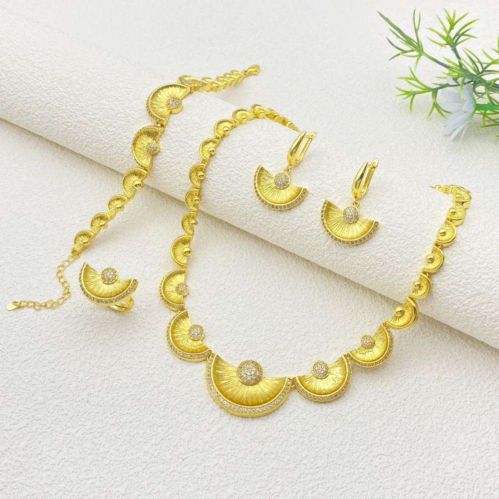 

Flora Nigerian Vintage Zircon Jewelry Set Gold Plated Copper Bracelet Necklace Earrings Ring Gift for Women for Eid Festival
