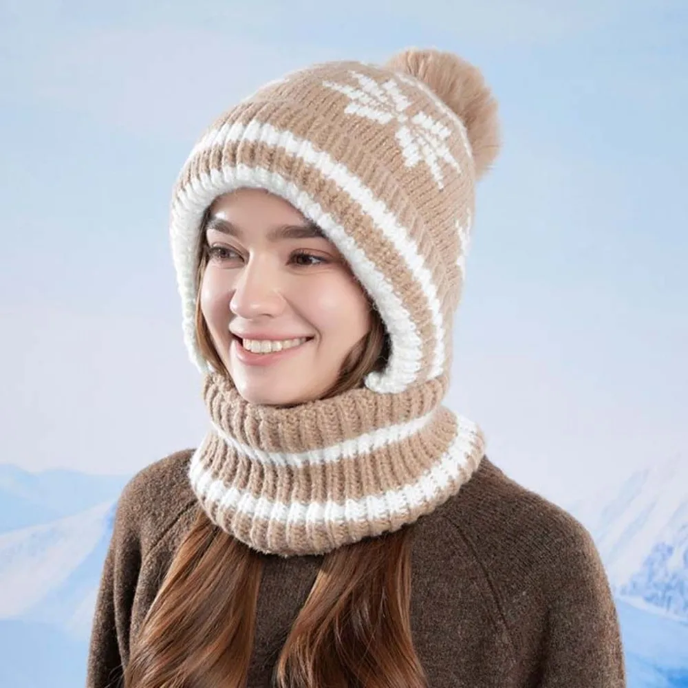 Fleece Lining Knitted Balaclava Hat Snowflake Jacquard Ear Protection Integrated Scarf Cap Full Cover Fluffy Pom