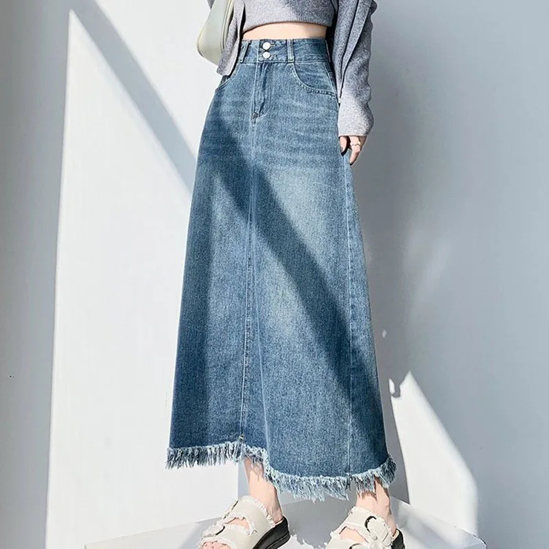 Vintage Blue Denim Skirt Women's Spring Autumn 2024 New High Waist Split Edge Fashion Slimming Niche Design A- Line Midi Skirts