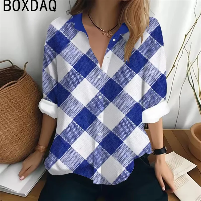 

Ретро 3D клетчатый узор с принтом, осенняя рубашка с длинным рукавом и пуговицами, повседневная блузка, модная однобортная блузка, топы