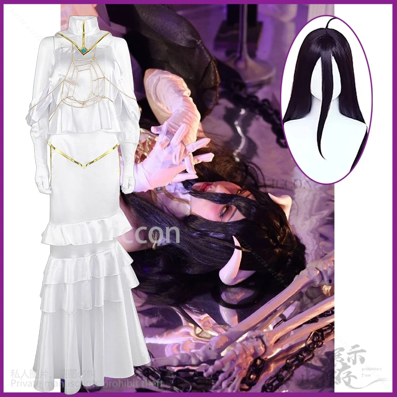 Anime Overlord Cosplay Albedo Kostuum Halloween Kerst Vrouwen Meisjes Witte Jurk Sexy Lolita Hoorn Lange Pruiken Rollenspel Voor Party