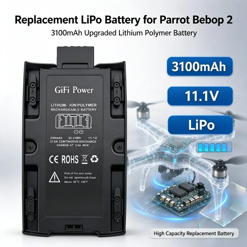 Replacement LiPo Battery for Parrot Bebop 2 Drone, 3100mAh Upgraded Lithium Polymer Battery